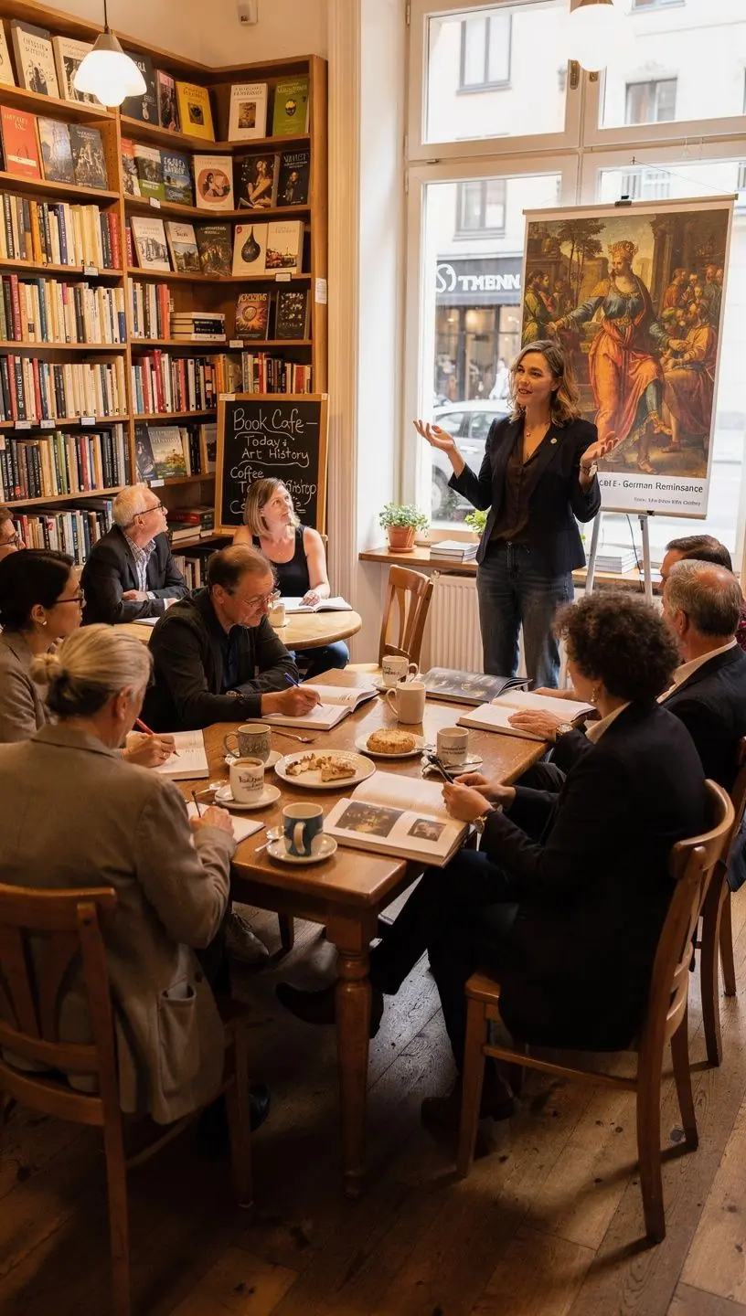 Eine Gruppe von Touristen besichtigt ein bekanntes Museum in Berlin und bewundert die Kunstwerke.